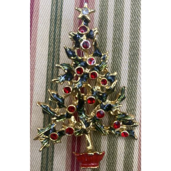 Unbranded Jewelry - Vintage Christmas Tree Brooch Pin, Gold Color With Red And Clear Crystals
